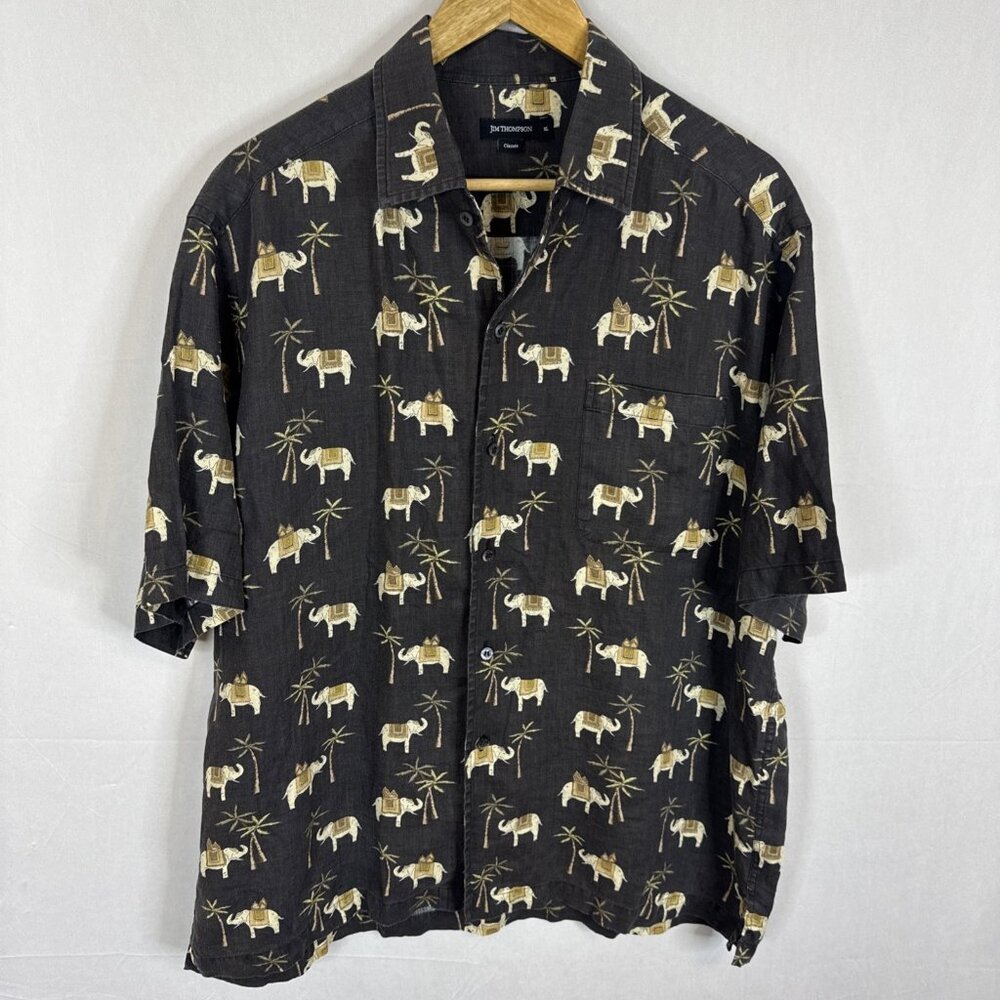 Jim Thompson Elephant Print Hawaiian Shirt Mens‎ XL 100% Linen Thailand